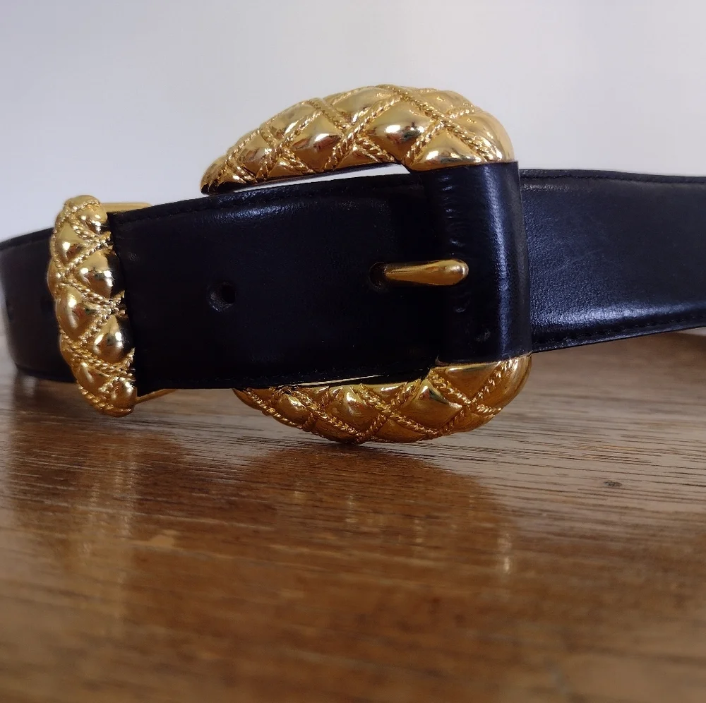 Vintage 90s Cipriani Black Leather Gold Buckle Belt